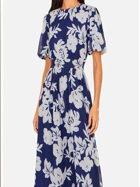 NWT Yumi Flower Stretch Mesh Midi Dress in Blue Hawaiian Floral Print